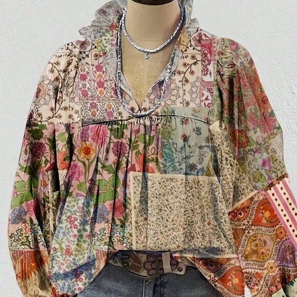 Tops - Multicolor Casual Women's All Over Print Floral Bubble Sleeve Top with Slit Neck